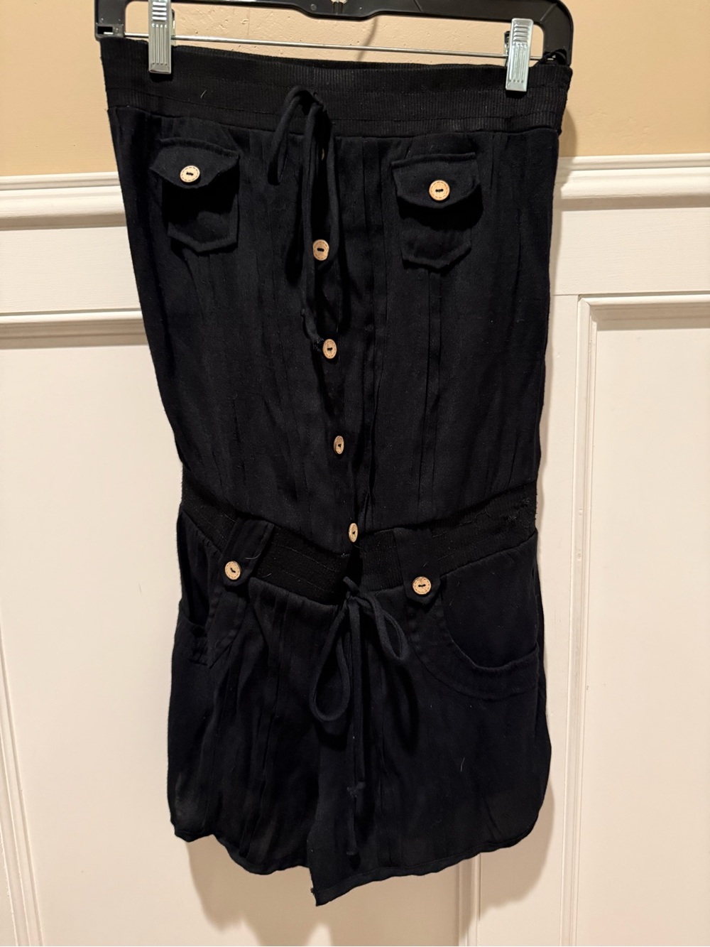 Rhapsody Black Strapless Button-Front Jean Romper Overalls